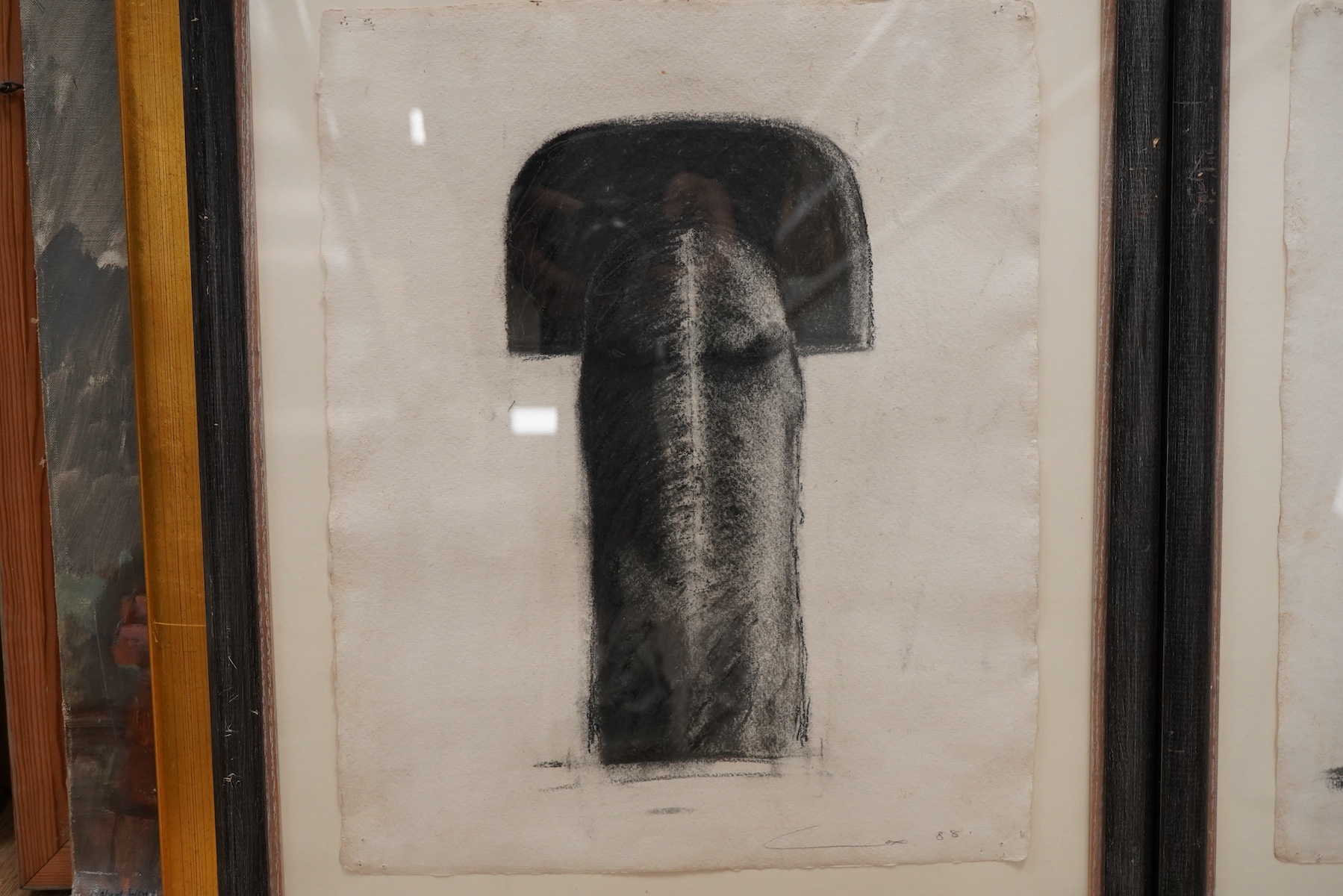 Stephen Cox (b.1946), Abstract studies for a sculpture, signed and dated '88, pair of charcoal sketches on paper, for the Ganapathi and Devi series, 38 x 30cm